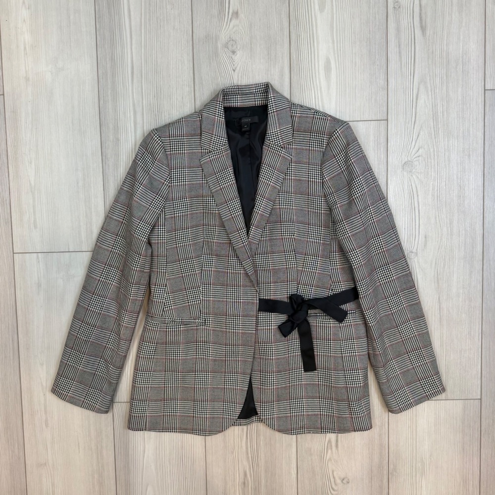 J.Crew Womens Glen Plaid Blazer Grey Black Red Tie Waist Jacket 8P H6004